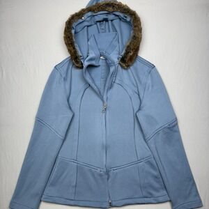 ATHLETA blue Poly blend removable Faux Fur Hoodie Zip Jacket M